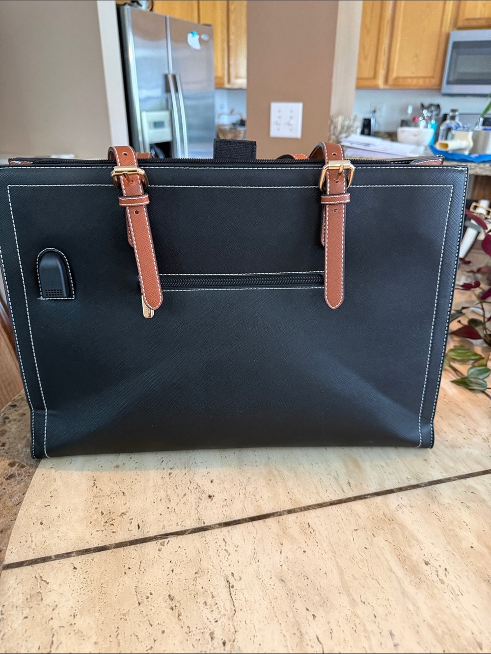 Women's Black Tote with Brown Straps - Sleek Everyday Tote